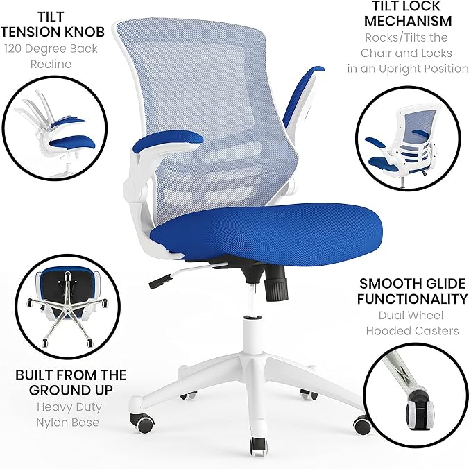 Flash Furniture Kelista Office Chair, Ergonomic, Mid-Back, White Frame, Blue Mesh with Swivel | White Frame, Mid-Back, Flip-Up Arms, Mesh Back - Image 5