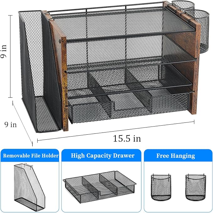 Desk Organizer, 4-Tier Desktop File Organizer with Drawer and Pen Holders, Office Desk Accessories, File Sorters, Workspace Organizers for Office Supplies(Brown Wood) - Image 3