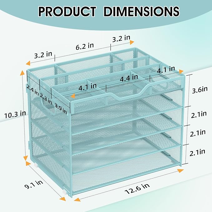 5 Tier Paper Letter Tray Desk Organizer with Pen Holders - Blue | Features 3 pen holders and 4 removable dividers.Versatile mesh desktop storage for mail, document,office supplie - Image 2