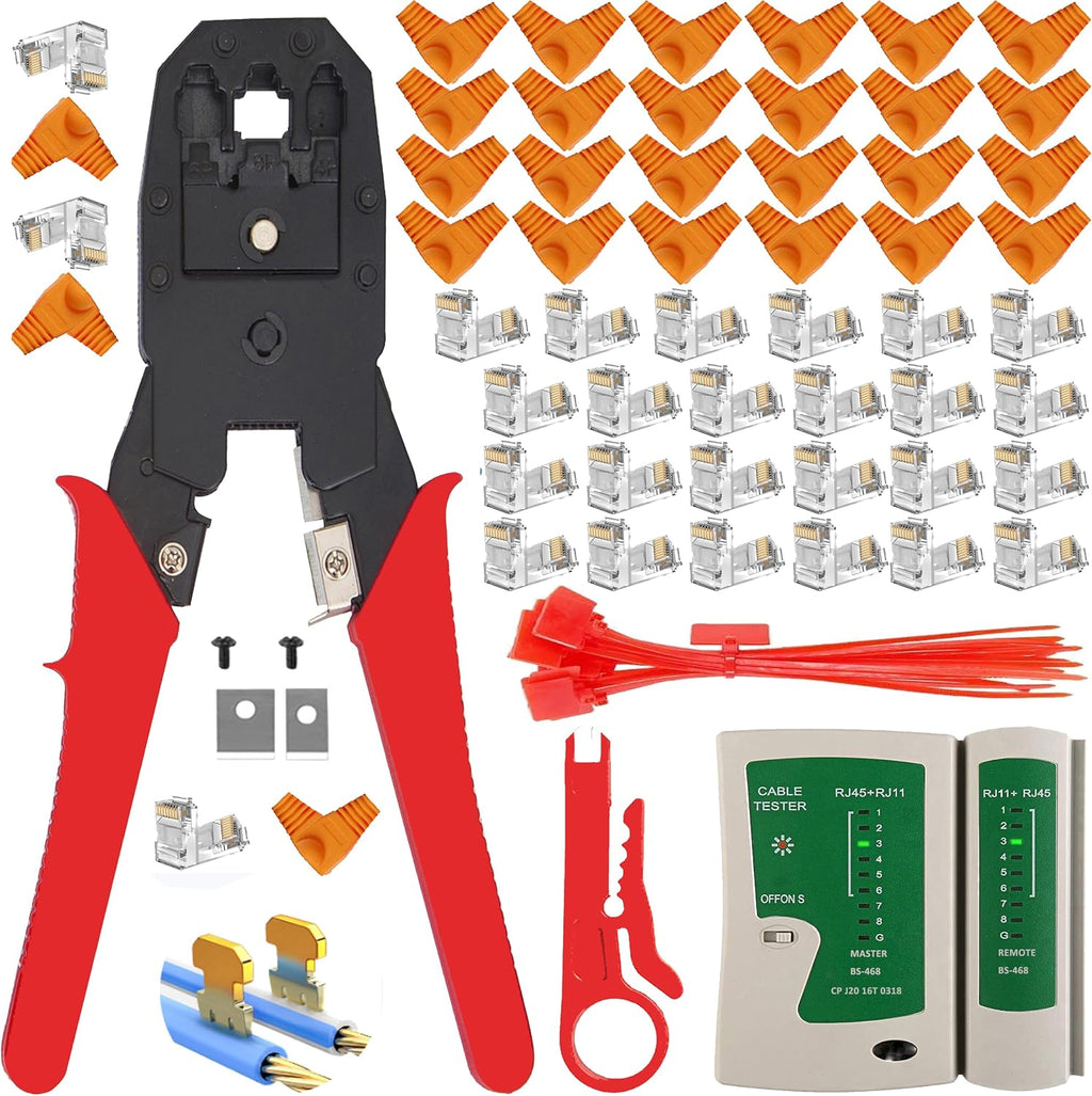 LEATBUY Network Crimp Tool Set RJ45 for RJ11/RJ12 Cat5/Cat5e/Cat6 Crimping Tool for Ethernet LAN Cable Tester Crimper Tools with 50PCS Connectors, 50PCS Covers Wire Stripper Kit (RED) by LEATBUY-TECH