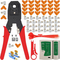 LEATBUY Network Crimp Tool Set RJ45 for RJ11/RJ12 Cat5/Cat5e/Cat6 Crimping Tool for Ethernet LAN Cable Tester Crimper Tools with 50PCS Connectors, 50PCS Covers Wire Stripper Kit (RED) by LEATBUY-TECH