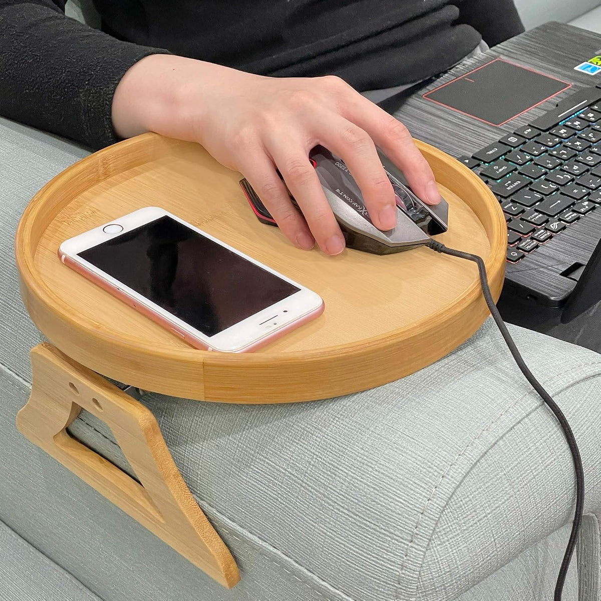 Pekokavo Sofa Arm Clip Tray, Side Table for Remote Controls/Drinks/Gamepads Holder (Bamboo) - Image 4