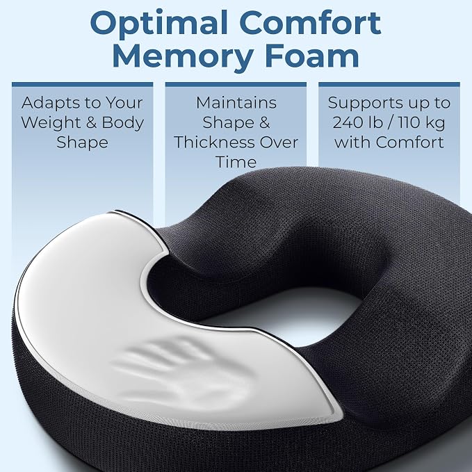 5 STARS UNITED Donut Pillow for Tailbone Pain & Hemorrhoids – Large Memory Foam Seat Cushion for Bed Sore-Prone Areas & Pressure Relief – Prostate, Postpartum & Pregnancy Support, Black Mesh Cover - Image 5
