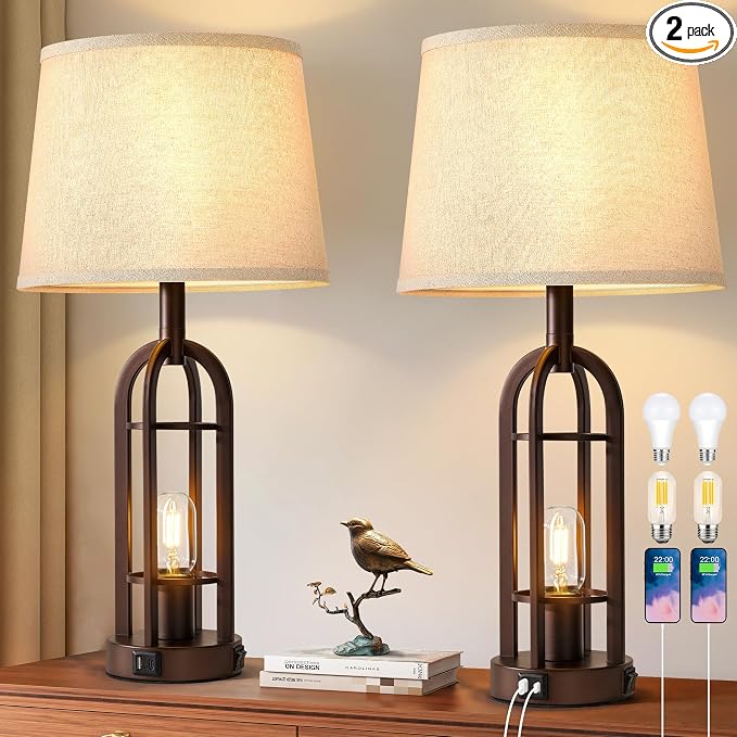 SRJJA Table Lamps for Living Room End Table Set of 2 - Farmhouse Industrial Bedside Lamps for Bedroom Nightstand with Nightlight and USB A+C, 4 Bulbs Included by SRJJA