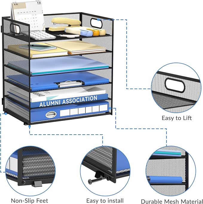 Daltack 6-Tier Paper Organizer for Desk with Handle, Black | Sturdy Metal Mesh Organizer with Movable Middle Trays and a Carry Handle for Papers, Folders and Office Supplies - Image 4
