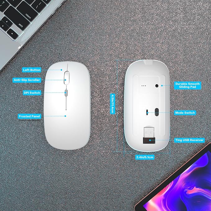 AIKOKOK Wireless Bluetooth Mouse, Rechargeable Dual Mode Mouse,Bright White | BT 5.2 & 2.4G USB Receiver, 3 Adjustable DPI,LED Lights,Slim,Silent,Portable Computer Mouse for Laptop,PC,MacBook,iPad,Tablet - Image 7