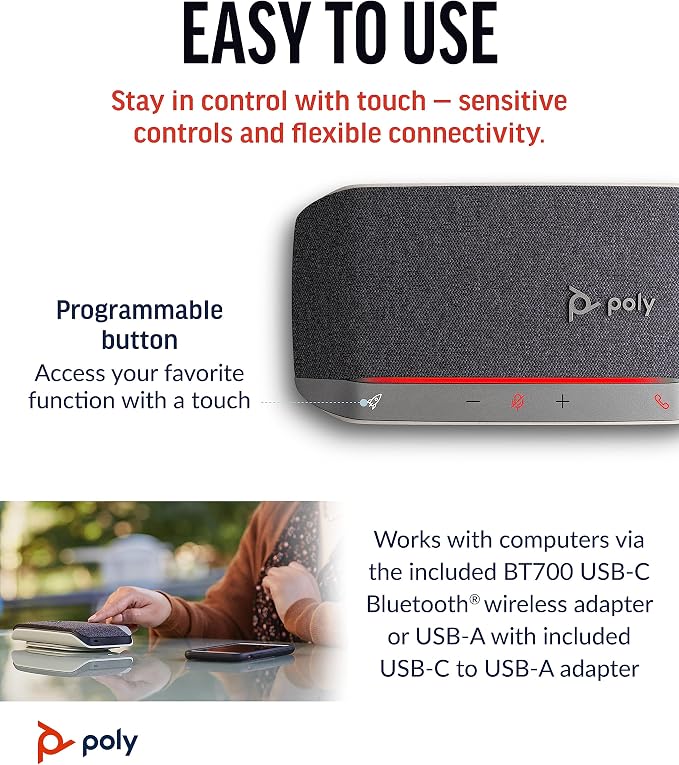 Poly Sync 20+ Personal Portable Bluetooth Speakerphone (Plantronics) - Noise/Echo Reduction - USB-C Bluetooth Adapter - Works w/Teams, Zoom, PC, Mac, Mobile – Amazon Exclusive - Image 5
