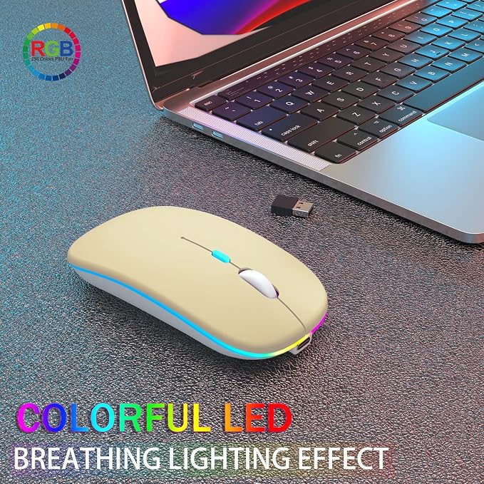 AIKOKOK Wireless Mouse, Bluetooth Mouse Rechargeable Dual Mode, Gold | BT 5.2 & 2.4G USB Receiver, 3 Adjustable DPI,LED Lights,Slim,Silent,Portable Computer Mouse for Laptop,PC,MacBook,iPad,Tablet - Image 2