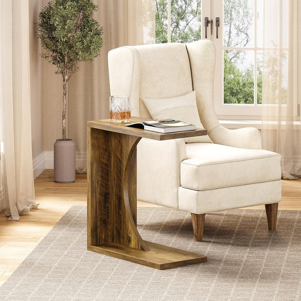 LITTLE TREE C Shaped End Table for Sofa & Bedroom - Small Side Table for Living Room, Over Couch Tray Stand for Laptop, Snacks, Books, Brown, 1 Pack - Image 5