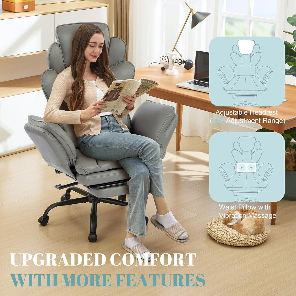 Flip Armrests Criss Cross Office Chair, Reclining Office Chair with Foot Rest, Adjustable Headrest, Massage Waist Pillow, Cross Legged Big and Tall Desk Chair Wide Seat Vanity Chair, Grey PU Leather - Image 4