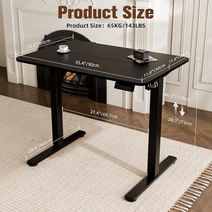 Small Standing Desk, 35"x24" Height Adjustable Sit-Stand Home Office, Black | Electric Adjustable Standing Desk, Sit to Stand Computer Office Desk with Splice Board, Memory Preset, Lifts 28.7''-46.5" - Image 3