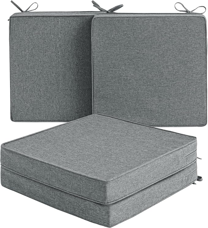 Outdoor Chair Cushions, Set of 4, 24 x 24 Inch, Dark Grey | Water Resistant, Fade Resistant, Patio Furniture Square Seat Replacement, Removable Cover with Ties, Non-Slip Bottom by Unknown
