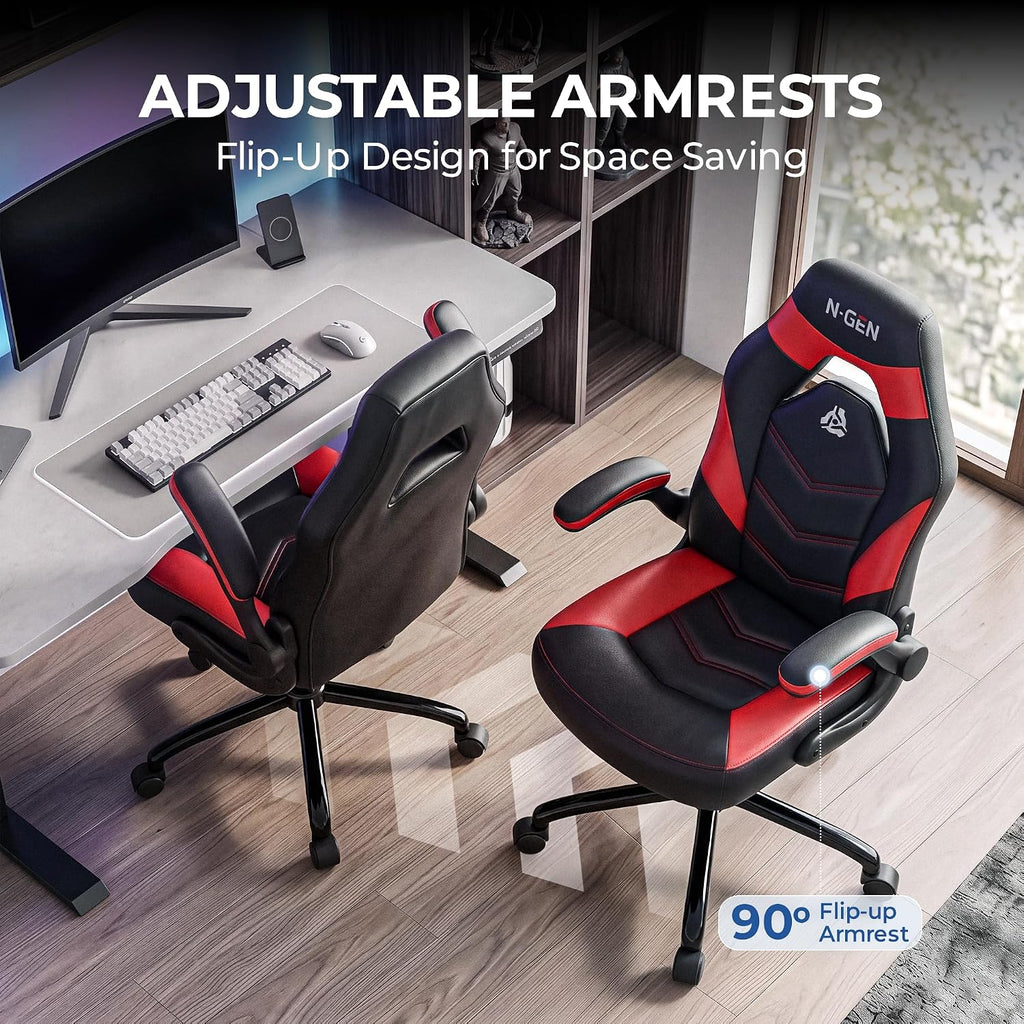 N-GEN Gaming Gaming Chair, Lumbar, PU Leather, Flip-Up Arms, Classic Red - Image 6