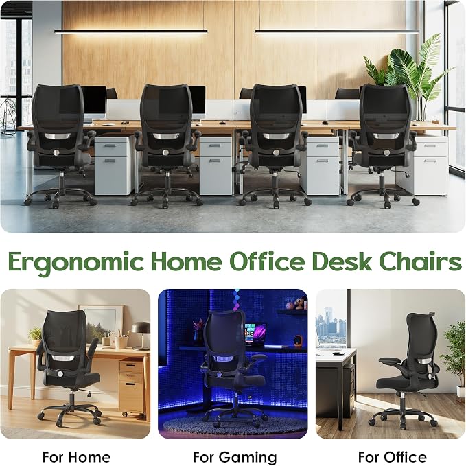 Office Chair Ergonomic Desk Chair - Comfy Mesh High Back Office Chair with Lumbar Support Wheel Home Desk Office Chairs Flip up Armrest Executive Rolling Swivel Task Computer Chair Black Silver - Image 9