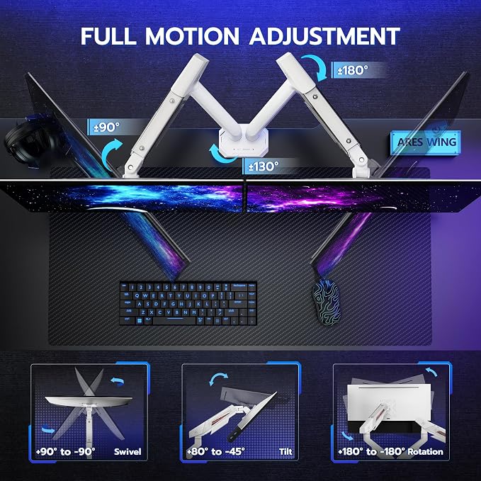 ARES WING 17-35 Inch Heavy Duty Dual Monitor Arm with USB, White | Fully Adjustable Monitor Mount for Flat Curved Ultrawide Screens Up to 26.5lbs, C-Clamp & Grommet Base, 75/100 Vesa Mount - Image 4