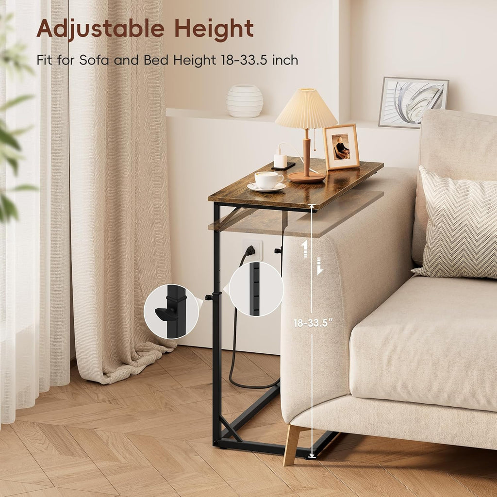 C Shaped End Table with Charging Station, Large C-Table End Table Adjustable Height Side Table for Couch, Couch Table Slide Under Sofa Table TV Tray Table for Sofa, Living Room, Bedroom,Brown - Image 5