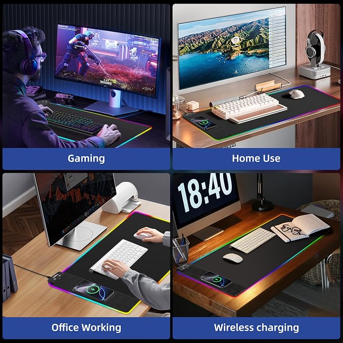 Mouse Pad with Wireless Charging, Large Desk Mat with Adapter, 31.5"x15.7" | RGB Gaming Mousepad with Ultra-Smooth Surface, Non-Slip Rubber Base, Waterproof Computer Keyboard Pad for Gamer, Black - Image 9