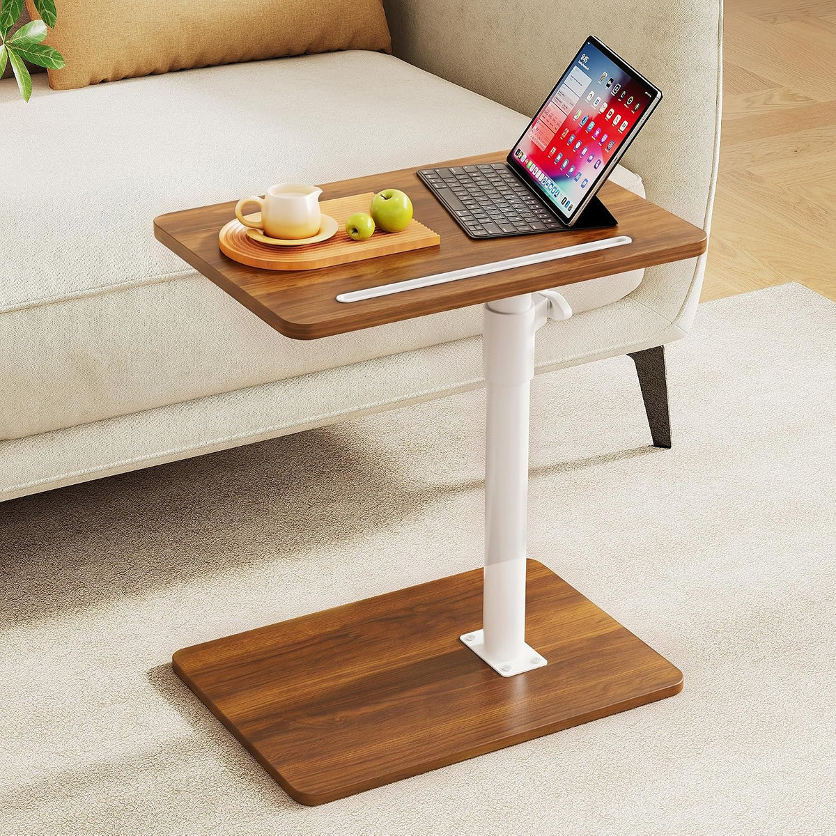 CAIYUN C Shaped Side Table, Height Adjustable Swivel 360° Rotating, End Table for Small Spaces, Sofa Side Table with Metal Frame for Living Room, Bedroom, Oak - Image 2