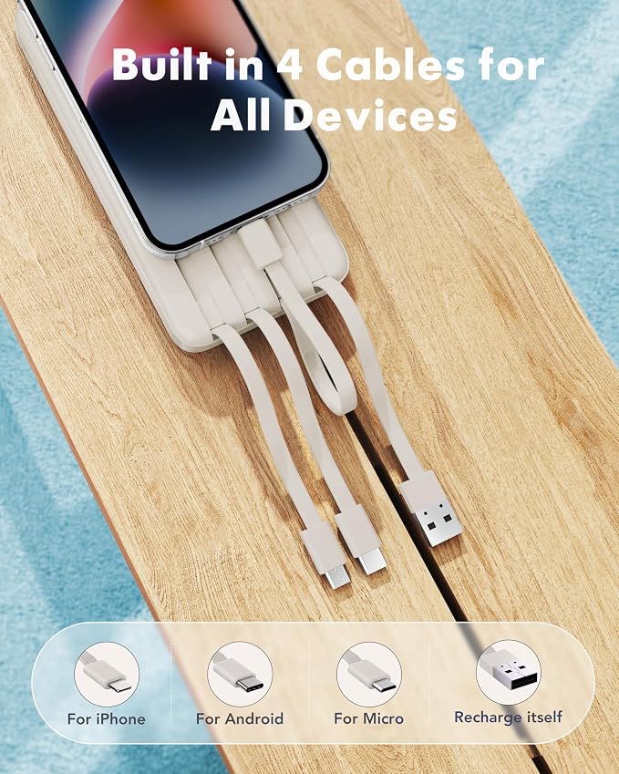 charmast 10000mAh Power Bank Portable Charger with 4 Built-in Cables | Reinforced for Durability,6 Outputs,3A Fast Charge,LED Display,TSA Compliant,Travel Must-Have, for Commuter,College Student - Image 2