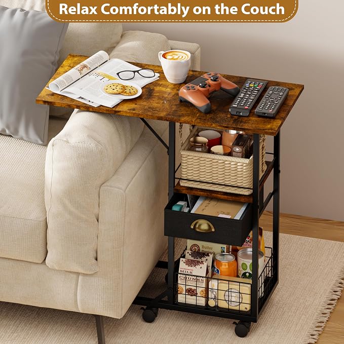 Rolling Coffee Table with Oversized Double-Wide Wood Top, Mobile Tv Tray with Storage Drawer and Wheels for Sofa, Portable Side Table for Living Room, Home Office, Spacious Desk for Working Studying - Image 8