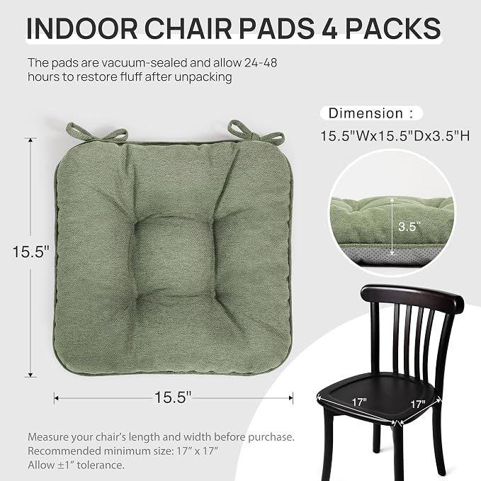 Love's cabin Memory Foam Chair Cushions Set of 4, 15.5 Inch, Green | 15.5"x15.5"x3.5", Indoor & Outdoor Chair Seat Pads with Non-slip Bottom and Ties, for Dining, Kitchen, Office and Patio Chair - Image 2
