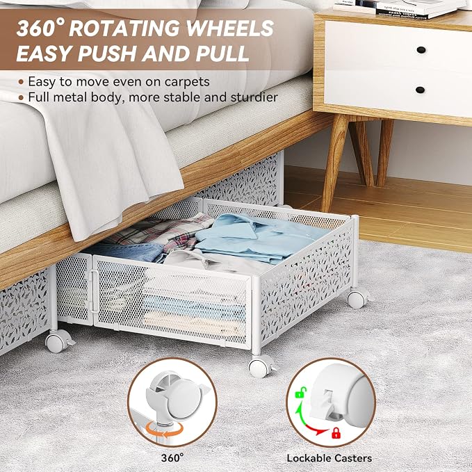 PHINOX Under Bed Storage Container with Wheels,Patterned,Metal,2 Pack,White | Tool-free assembly, glide smoothly, easy reach, foldable, maxmazie low-profile beds, dorm, keep seasonal clothes, shoes fresh - Image 3