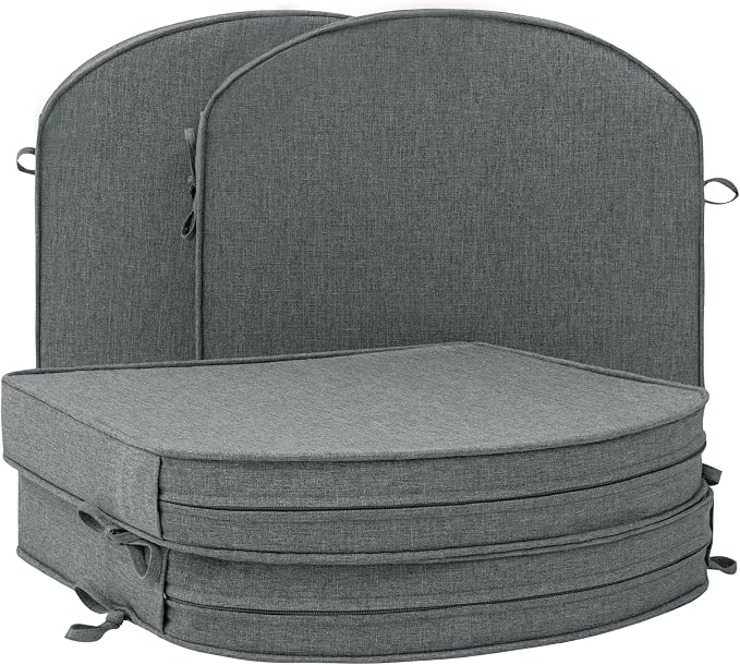 Outdoor Chair Cushions D Shaped, Set of 4, 17 x 16 Inch, Dark Grey | Water Resistant, Fade Resistant, Patio Furniture Seat Chair Pads Replacement with Ties, Non-Slip Bottom, Removable Cover by Unknown