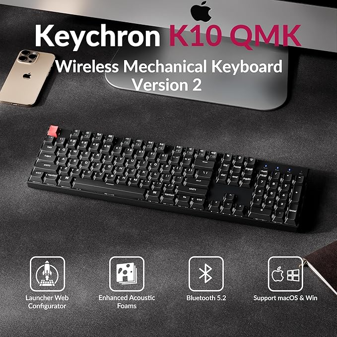 Keychron K10 Version 2 Full Size 104 Keys Bluetooth Wireless Mechanical Gaming Keyboard for Mac Windows Super Banana Switch White LED Backlight/USB C Wired Computer Keyboard - Image 2