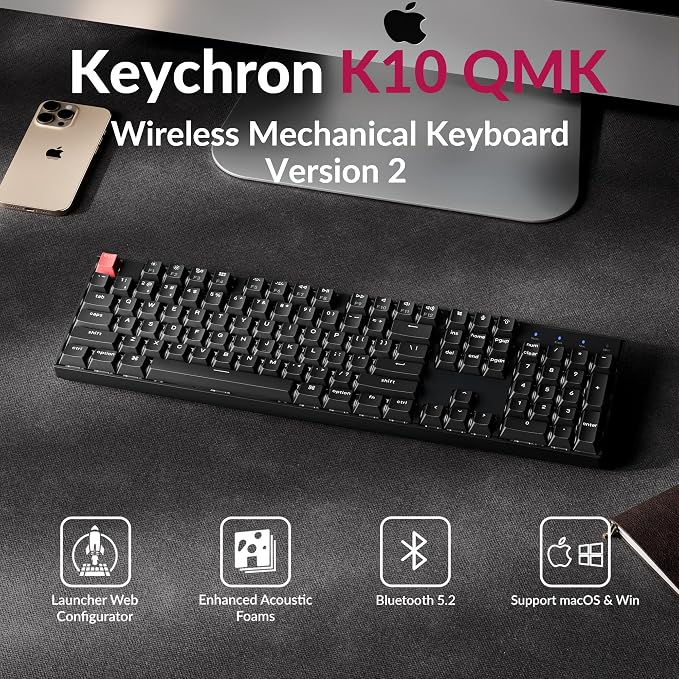Keychron K10 Version 2 Full Size 104 Keys Bluetooth Wireless Mechanical Gaming Keyboard for Mac Windows Super Brown Switch White LED Backlight/USB C Wired Computer Keyboard - Image 2