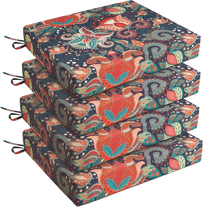 UNIKOME Outdoor Chair Cushions Pack of 4, Water Resistant Patio Cushions with Ties, High Density Sponge Filling Square Corner Seat Cushions for Outdoor Furniture, 18.5"*16"*3", Boho by UNIKOME
