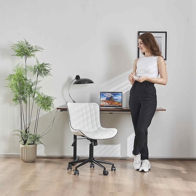 YOUNIKE Office Desk Chair with Wheels Armless Vanity Chair Modern White | Faux Leather Upholstered with Rocking Back, Swivel Height Adjustable Small Cute Computer Rolling Task Chair Ergonomic 300lb - Image 7