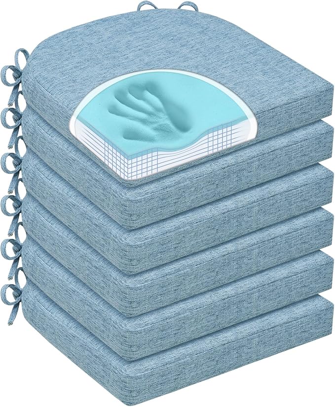 Chair Cushions for Dining Chairs, Non Slip Chair Pads with Ties and Covers, Memory Foam Kitchen Chair Cushions Set of 6, 16"X16"X2.5", Light Blue by HOMELYSIAN