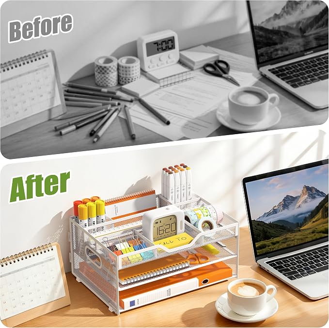 3 Tier Metal Desk Organizer with Magazine File Holder, White | Space saving workspace desk file trays. Includes pencil holder and portable handles. Ideal for school and office supplies - Image 4