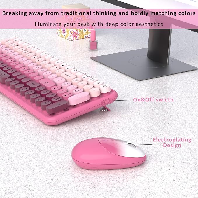 UBOTIE Wireless Keyboards and Mouse Combo (Rosy Gradient) | Colorful Gradient Rainbow Color Retro Typewriter Flexible Keyboard, 2.4GHz Connection and Optical Mouse for PC Wins Mac - Image 4