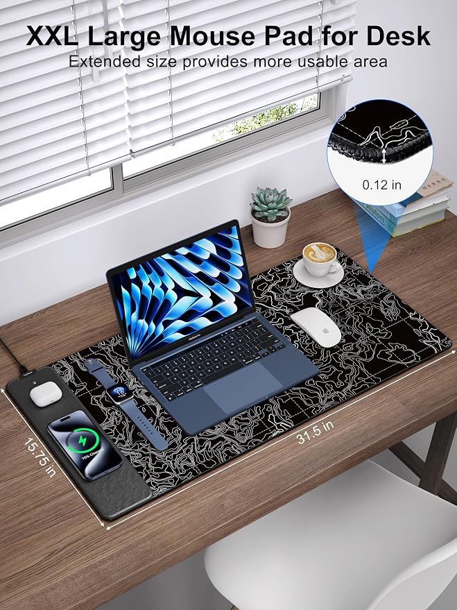 TopMade Mouse Pad with 15W Fast Wireless Charging, 31.5"x15.75" XXL Large Gaming Waterproof Desk Pad with Ultra-Smooth Surface, Non-Slip Base, Computer Desk Mat, Black Topographic Map #3 - Image 3