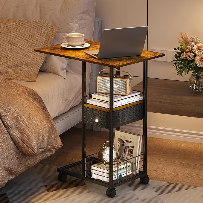 Rolling C-Shaped Side Table with Wheels and Oversized Wood Top, Mobile Overbed Stand with Drawer for Bed or Sofa, Metal Frame Couch Companion for Living Room, Bedroom, or Home Office (Large Desktop) - Image 7
