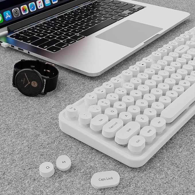 Wireless Keyboard and Mouse Combo, Ergonomic Full Size Typewriter Retro Round Keycaps Keyboard, Compatible with Windows, PC, Perfer for Home and Office Keyboards（White） - Image 8