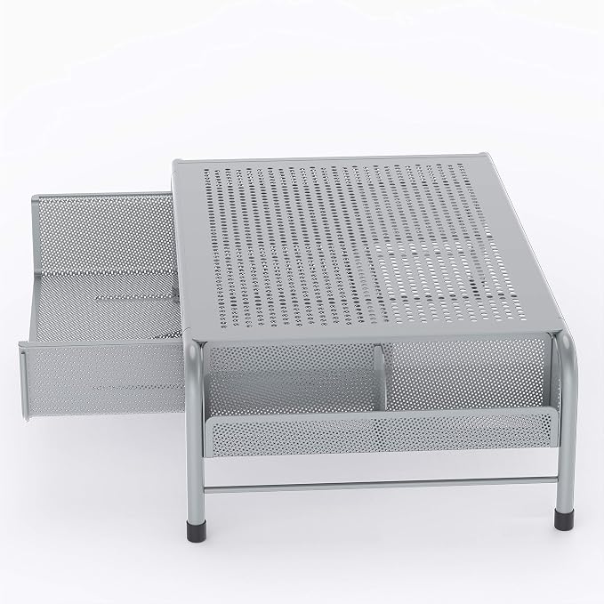 Simple Houseware Metal Desk Monitor Stand Riser w/ Organizer Drawer, Silver | Side Storage for Office Supplies - Image 3