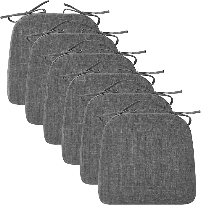 Ruqmuis Chair Cushions for Dining Chairs, 2" Thick Seat Cushions for Kitchen Chairs, D-Shaped Chair Pads with Washable Cover, Ties and Non Slip Backing, 17'' x 16'', Set of 6, Dark Grey by Ruqmuis