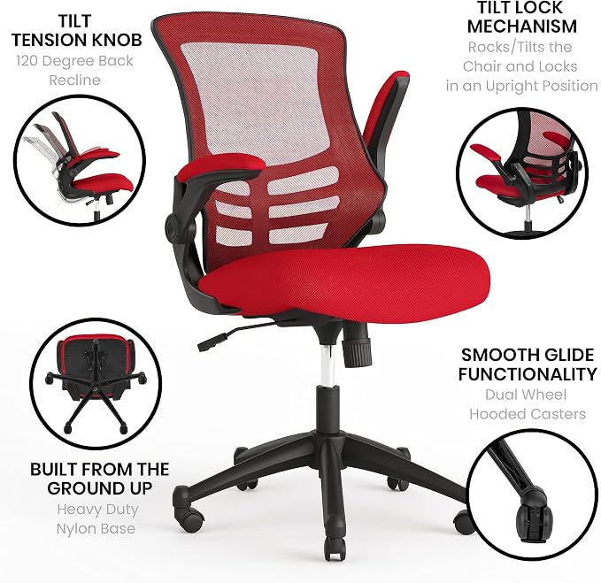 Flash Furniture Mesh Swivel Ergonomic Office Chair with Flip-Up Arms, Red | Mid-Back, Mesh Back - Image 5