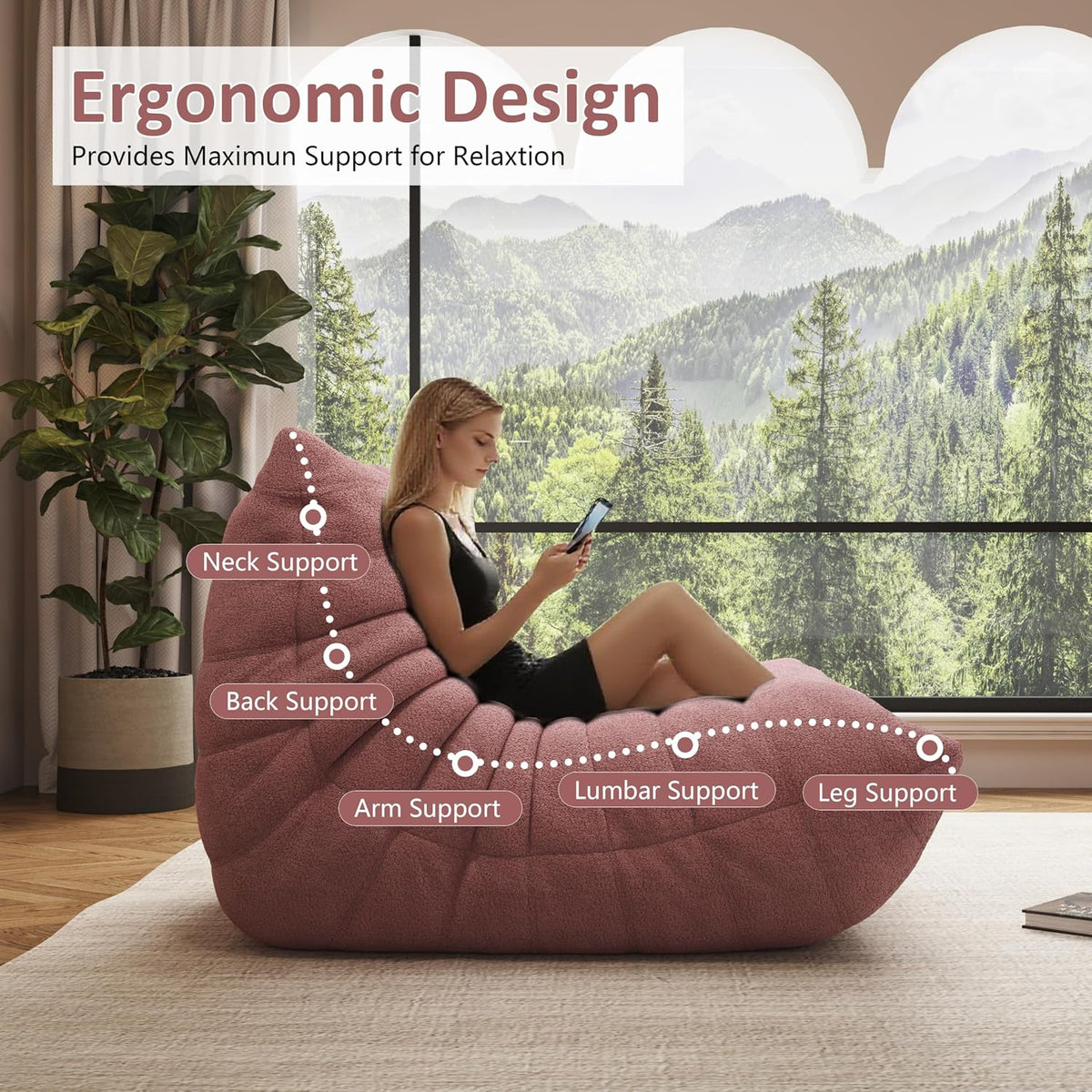 Giant Bean Bag Chair for Adults,Comfy Lazy Fireside Accent Chair with Memory Foam,Cozy Single Floor Sofa Couch Boneless Chaise Lounge for Living Room Bedroom Gaming Room(Pink,1Seater) - Image 5