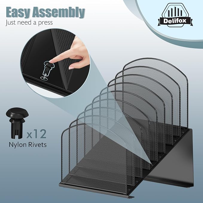 Delifox Inclined Desk File Organizer, 8-Section, Black | Upright Desk File Holder, Standing File Sorter, For Office School Classroom Desktop Organization - Image 3