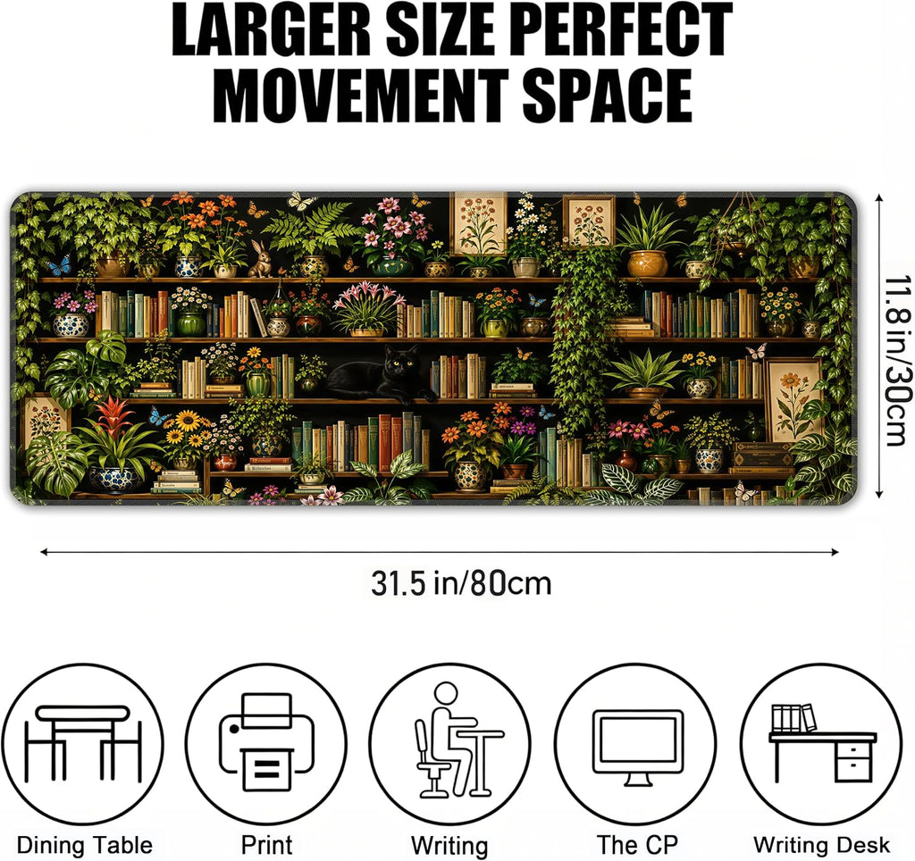 Floral Bookshelf Extended Mouse Pad, 31.5"x 11.8" Large Gaming Desk Mat - Image 2