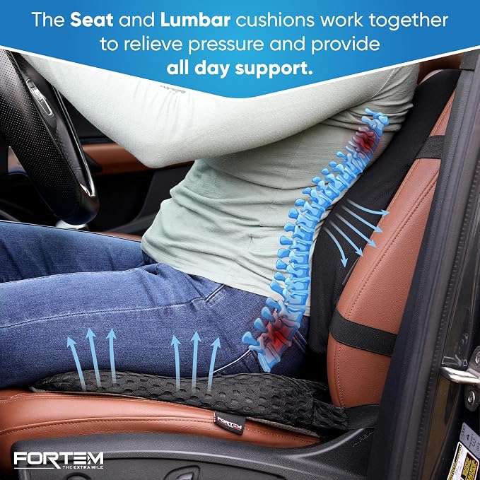 FORTEM Car Seat Cushion & Lumbar Support Pillow for Car, Memory Foam Set | Ergonomic | Better Visibility | Promotes Tailbone & Sciatica Pain Relief | Adjustable Straps | Non Slip | Washable Cover - Image 3
