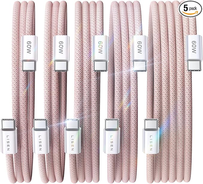 LISEN USB C to USB C Cable, 5-Pack [3.3/3.3/6.6/6.6/10FT] Pink for iPhone 17 Charger Cord, 60W C to C Cable Fast Charging for iPad, iPhone 17 Air 16 15 Pro Max, Samsung Z Flip 7/S25/S24 by Lisen