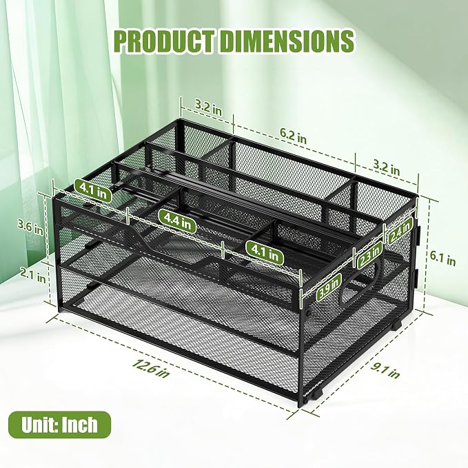 3 Tier Metal Desk Organizer with Magazine File Holder, Black | Space saving workspace desk file trays. Includes pencil holder and portable handles. Ideal for school and office supplies - Image 2