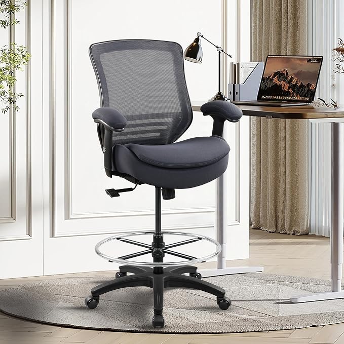 400lbs Office Drafting Chair Wide Dual Seat Cushion Height Adjustable Armrest for High Standing Desk with Lumbar Support and Enlarged Adjustable Footrest (Black Frame Gray Fabric) - Image 2