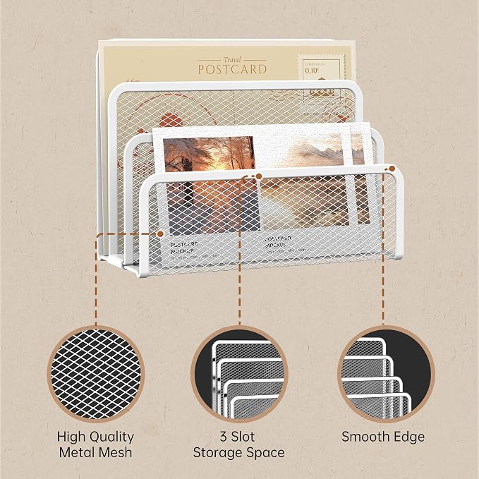 Mail Organizer Countertop for Desk, Mail File Holder with 3-Slot, White | Metal Mesh Mail Sorter for Letters, Envelopes, Bills, and Files for Home Offices, Classroom Organization - Image 4