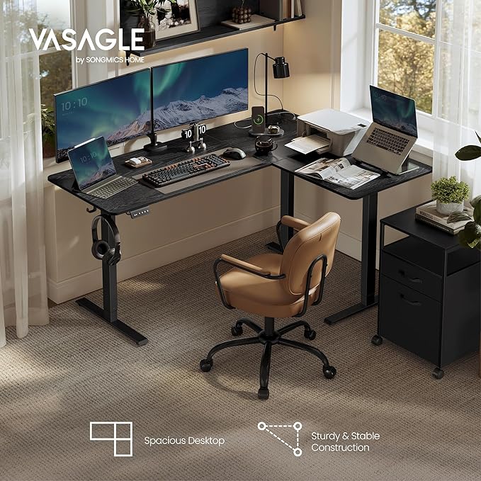 VASAGLE L Shaped Electric Standing Desk, 63 x 47.2 Inches, Height Adjustable Corner Desk with Power Outlets, 2 Memory Buttons, Easy to Assemble, for Home Office, Black ULSD242B01 - Image 3