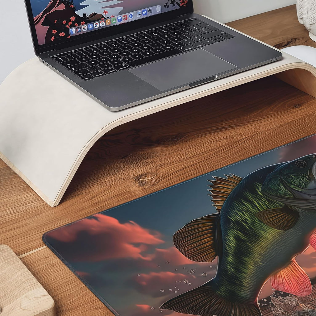 Large Gaming Mouse Pad with Bass Fish Sunset Design, Non-Slip Rubber Base, Stitched Edges, Extended Size 35.4 x 15.8 inches - Image 6